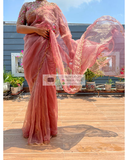 Remember the Roses Rose Beige Glass Tissue Saree - kreationbykj