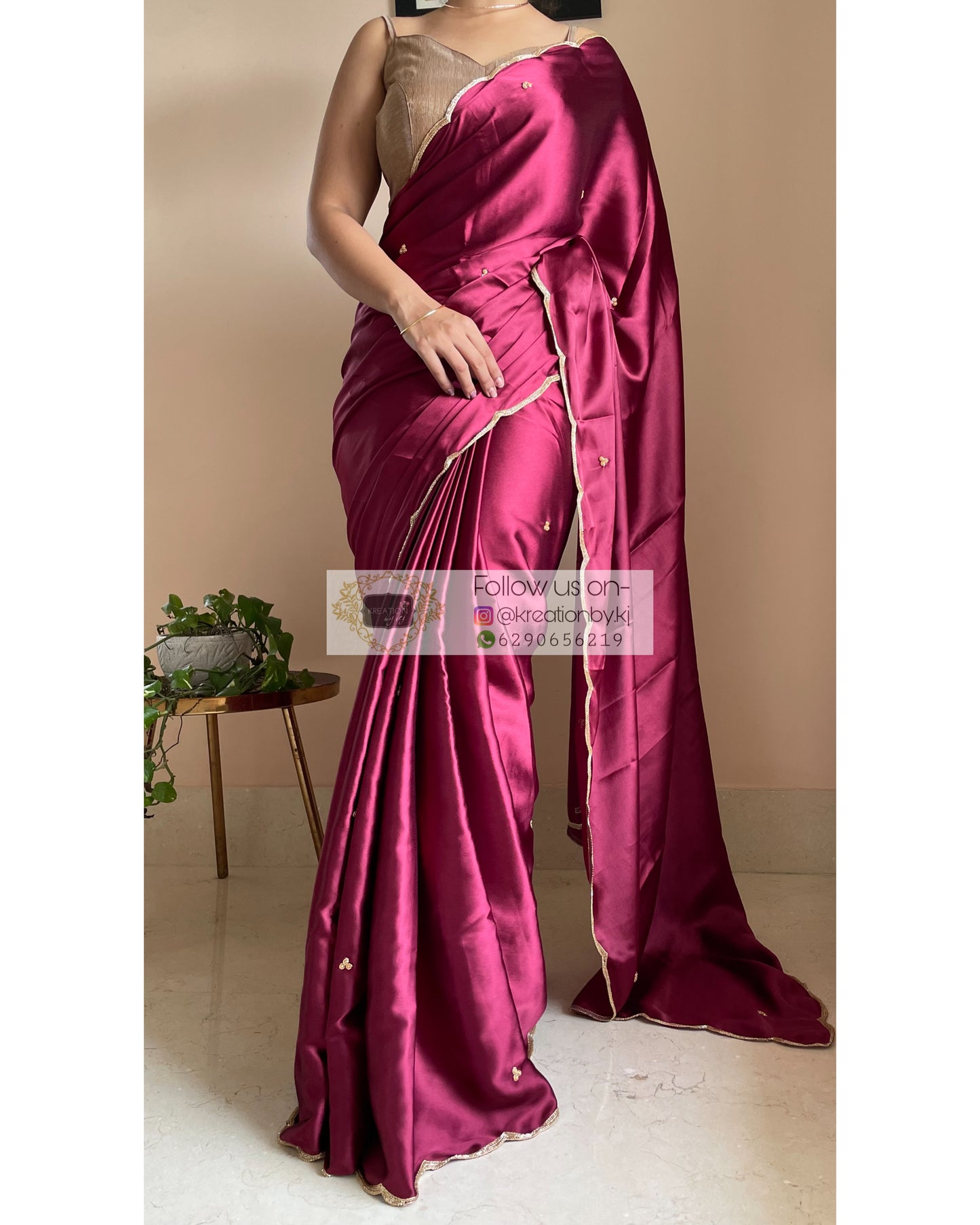 Cherry Wine Satin Silk Saree with Handembroidered Scalloping - kreationbykj