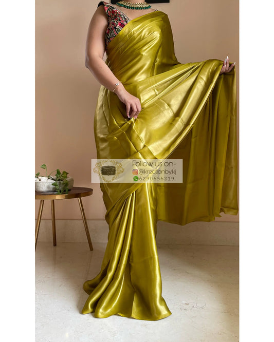Mehendi Green Metallic Shimmer Satin Cocktail Saree - kreationbykj