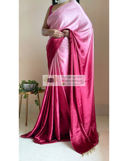 Raspberry Ombré Crepe Silk Saree with Handmade Tassels on Pallu - kreationbykj