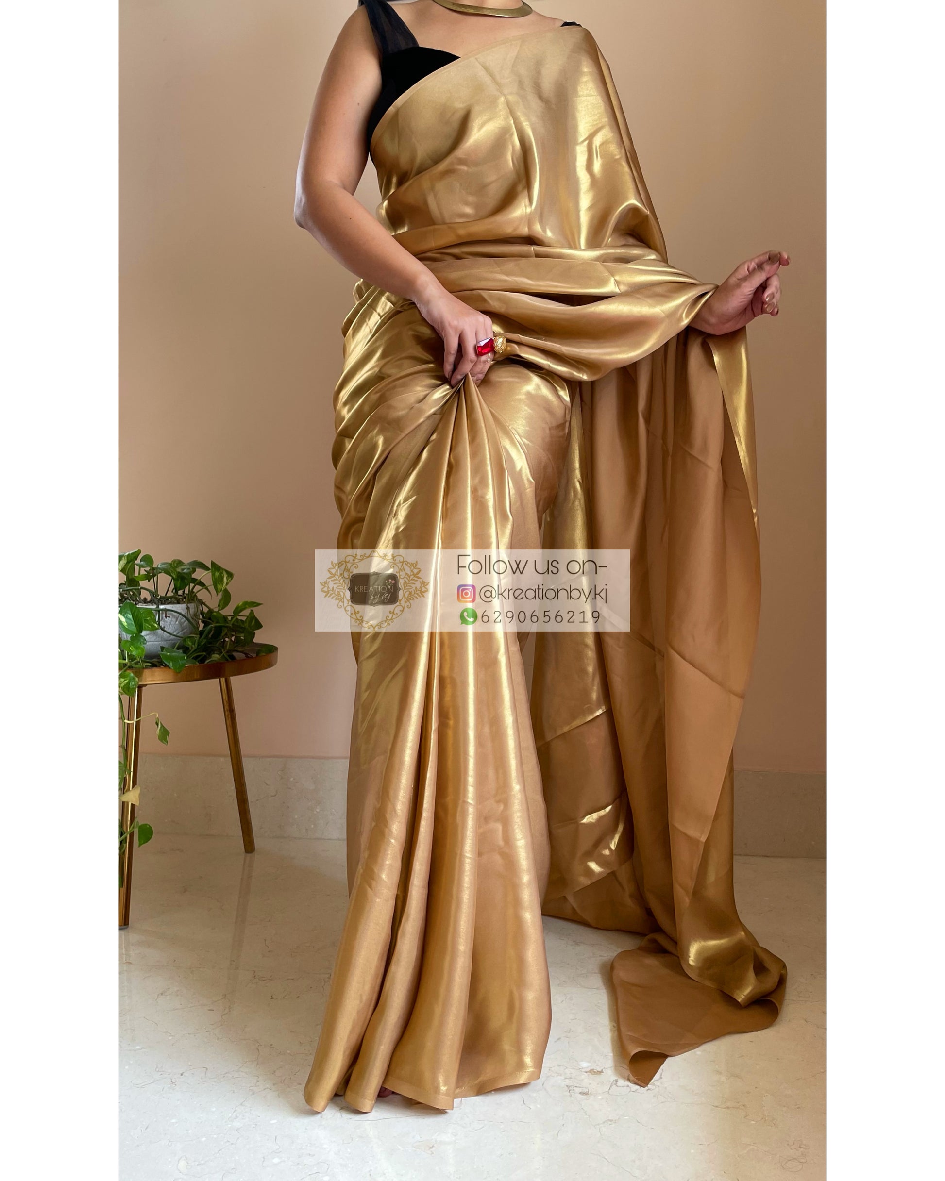 Molten Gold Shimmer Satin Saree - kreationbykj