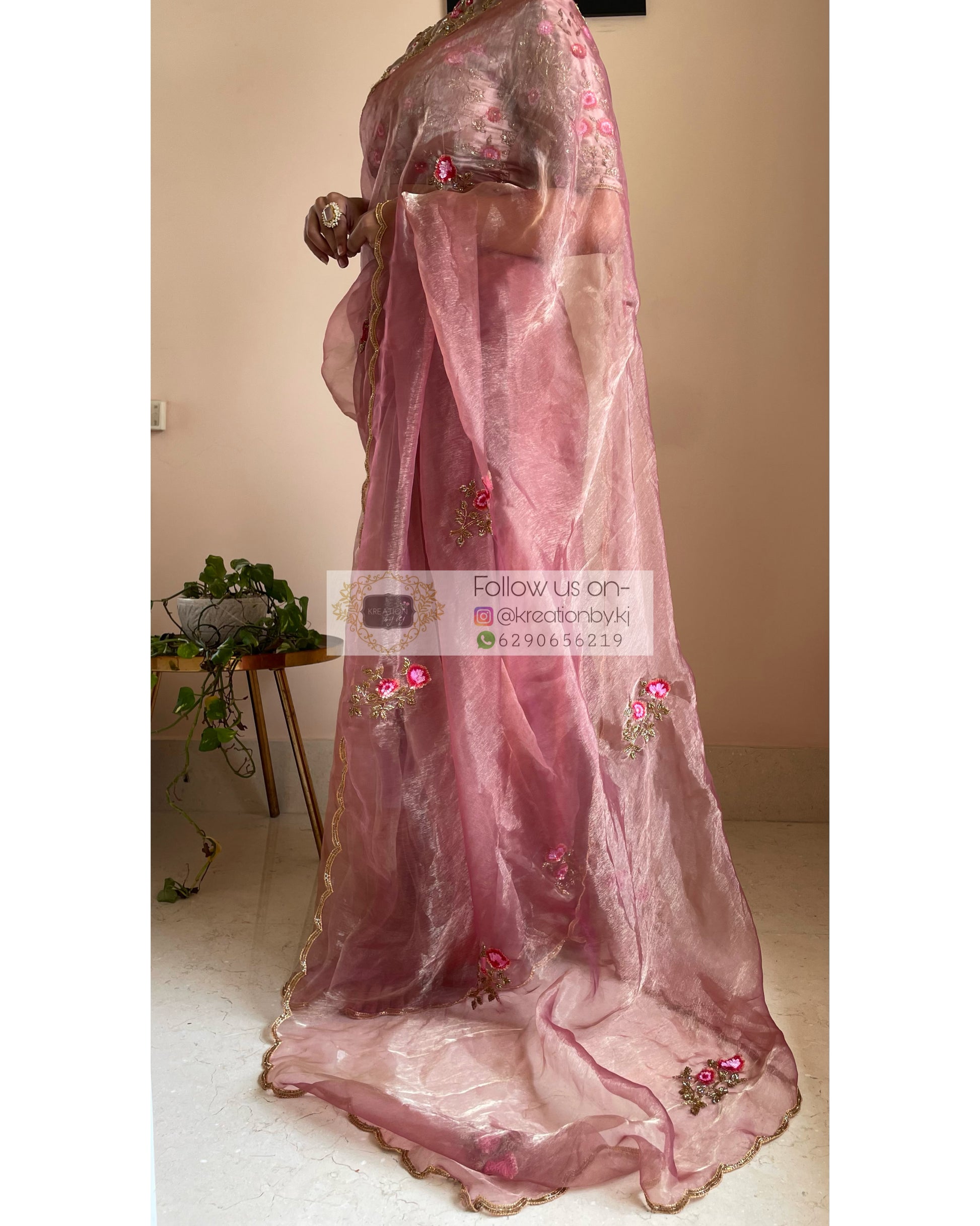 Remember the Roses Rose Beige Glass Tissue Saree - kreationbykj