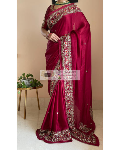 Maroon Crepe Silk Bridal Saree - kreationbykj