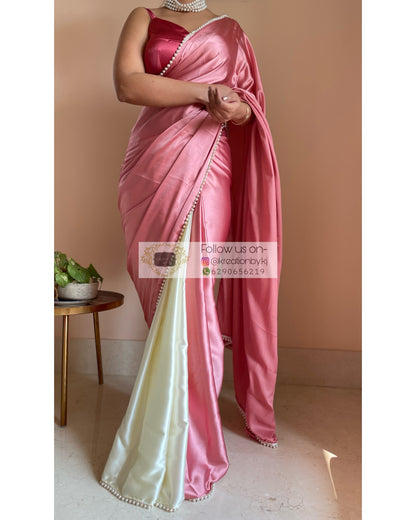 Strawberry Vanilla Two in One Satin Saree - kreationbykj