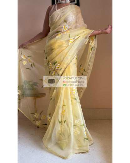 Pastel Yellow Floral Organza Saree - kreationbykj