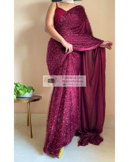 Sofia Burgundy Fur Saree - kreationbykj