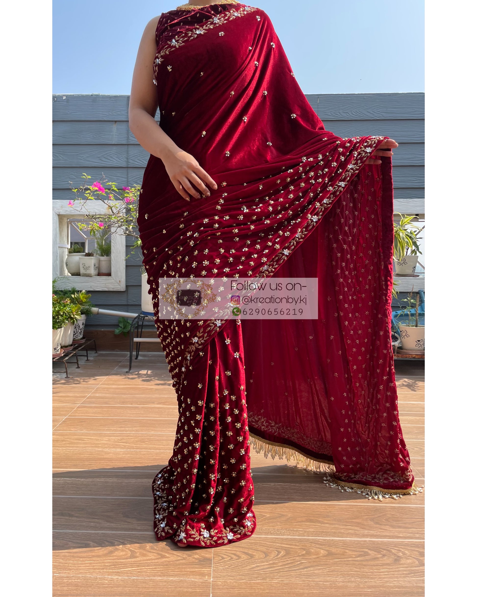 Maroon Velvet Badan pe Sitare Saree - kreationbykj