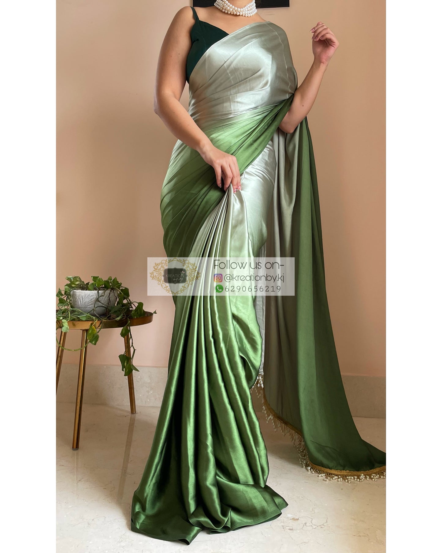 Green Hedge Ombré Satin Silk Saree with Handmade Tassels on Pallu - kreationbykj