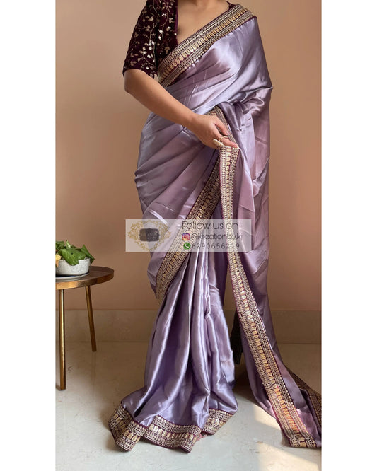 Dull Lavender Satin Saree with Wine Border - kreationbykj