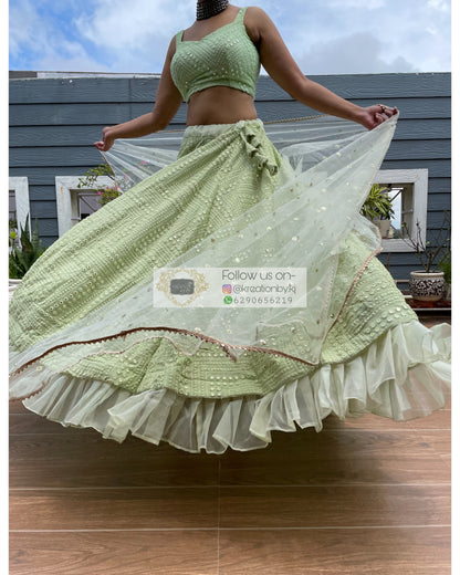 Green Sheesh Mahal Lehenga Set - kreationbykj