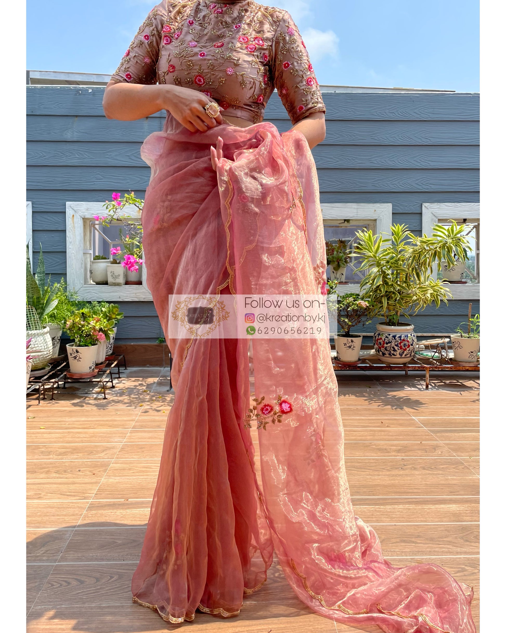 Remember the Roses Rose Beige Glass Tissue Saree - kreationbykj