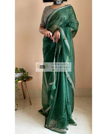 Bottle Green Organza Saree with Heavy Blouse - kreationbykj