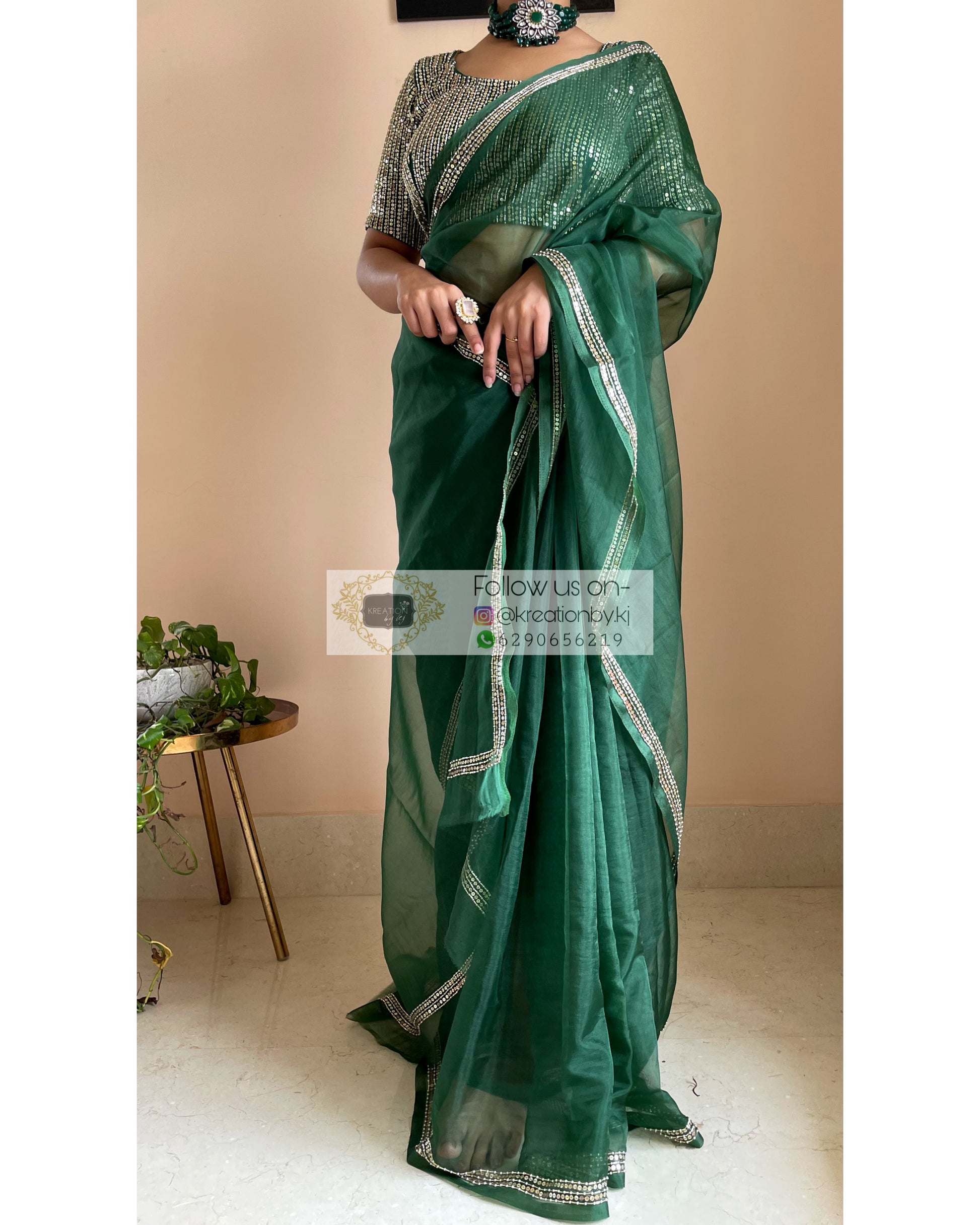 Green Silk Saree With Golden Designer Blouse And Gota Patti Work –  RawaazFashion