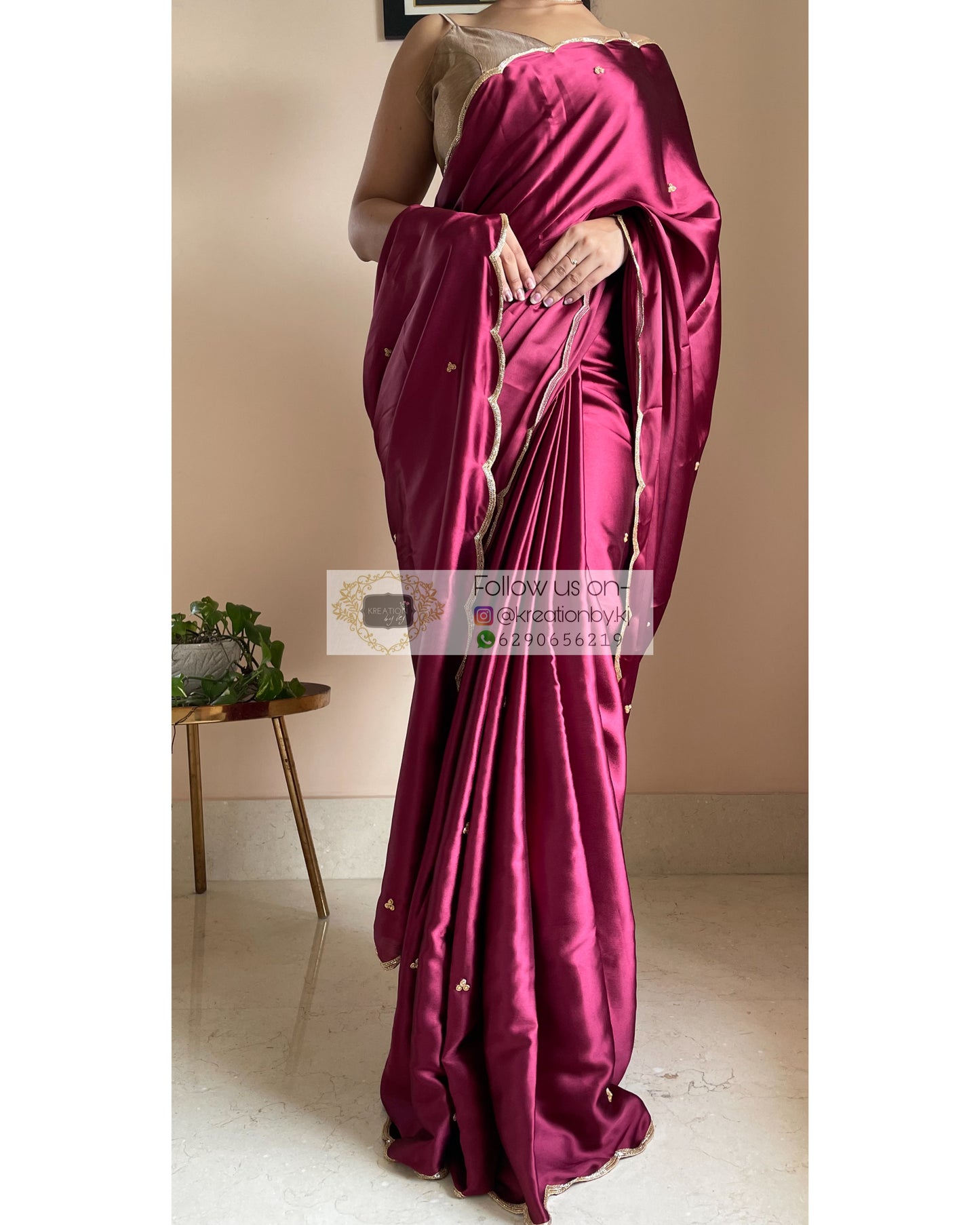 Cherry Wine Satin Silk Saree with Handembroidered Scalloping - kreationbykj