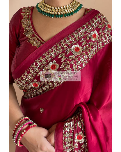 Maroon Crepe Silk Bridal Saree - kreationbykj