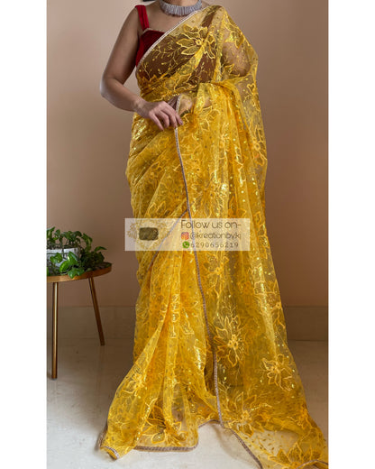 Yellow Floral Net Saree - kreationbykj