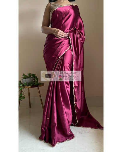 Cherry Wine Satin Silk Saree with Handembroidered Scalloping - kreationbykj