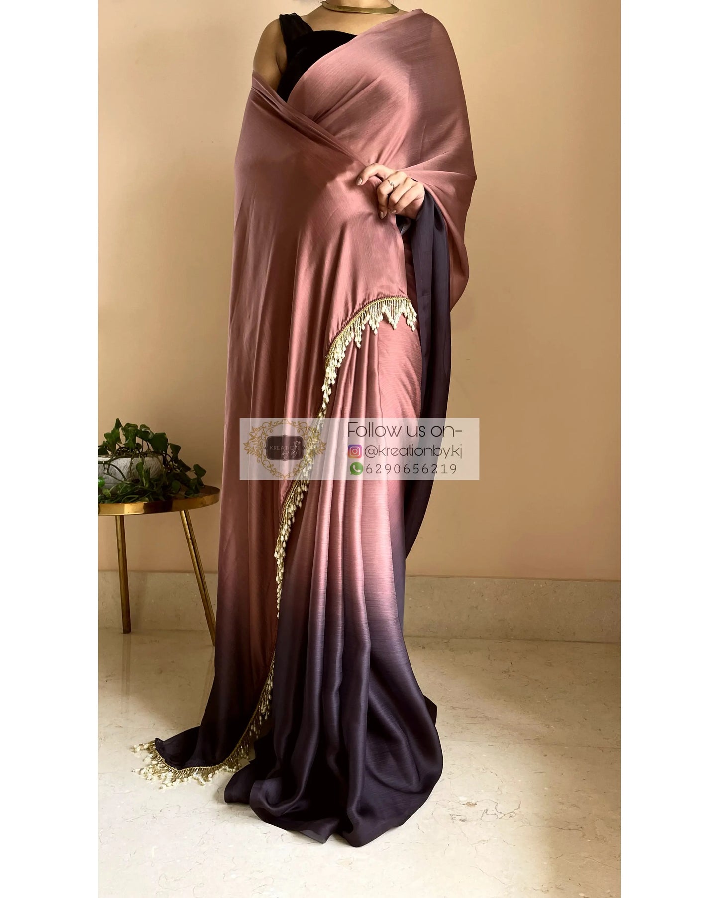 Chai Coffee Ombré Crepe Silk Saree with Handmade Tassels on Pallu - kreationbykj