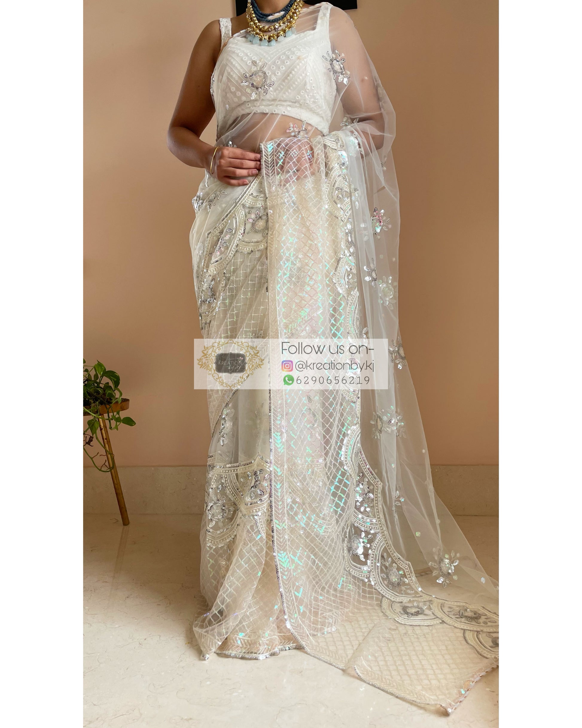 White Noor Net Saree - kreationbykj