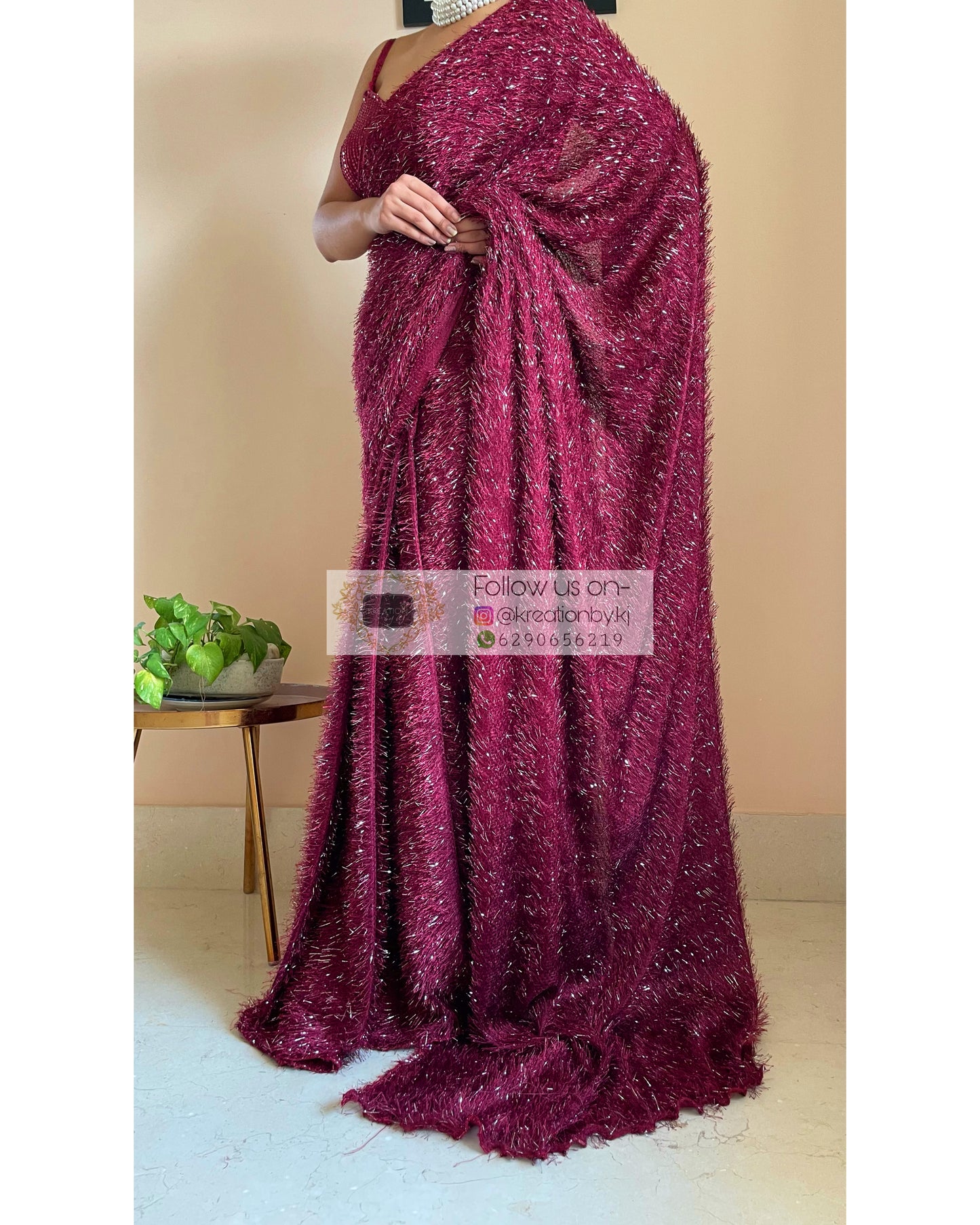 Sofia Burgundy Fur Saree - kreationbykj