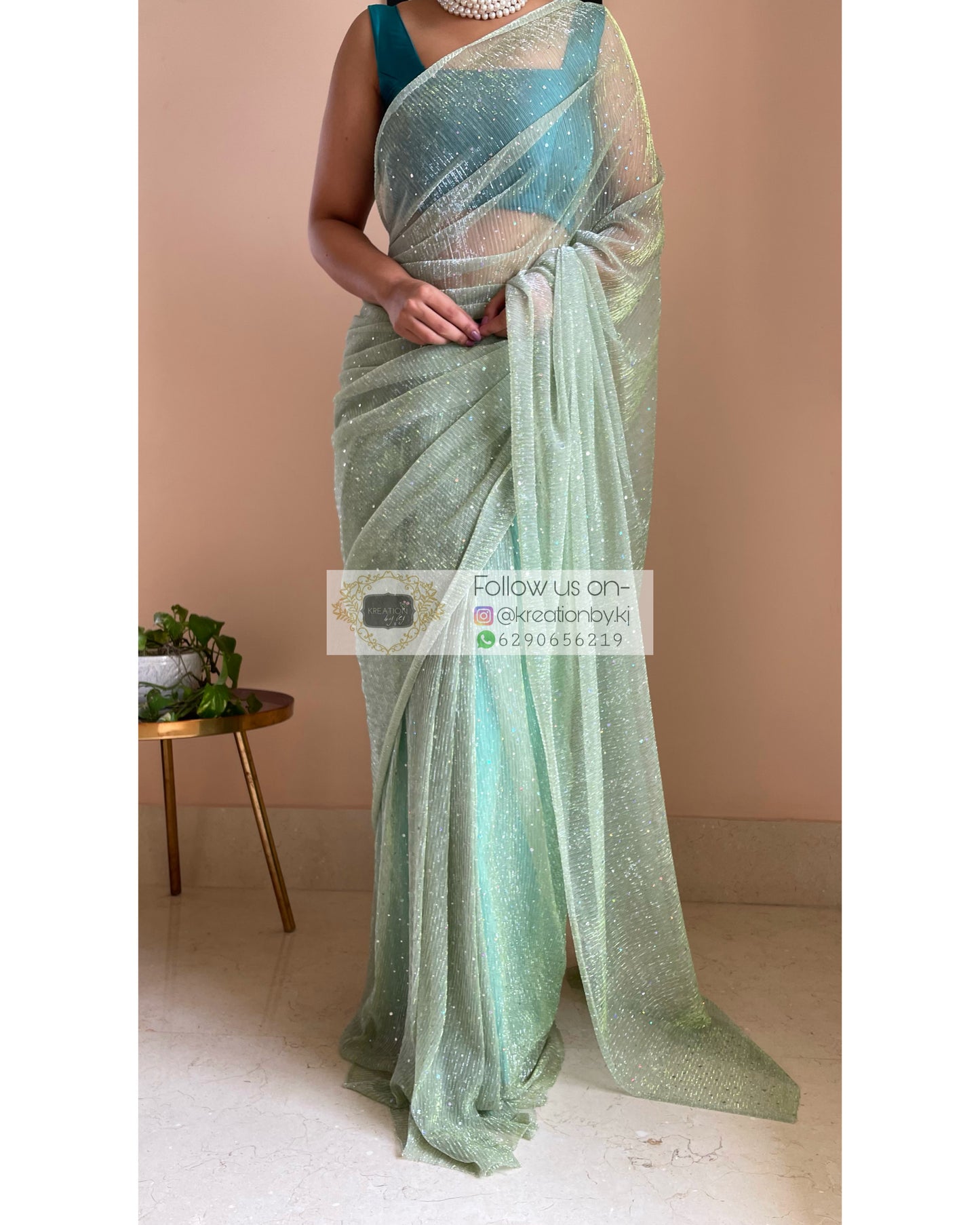 Pastel Green Pleated Shimmer Saree - kreationbykj