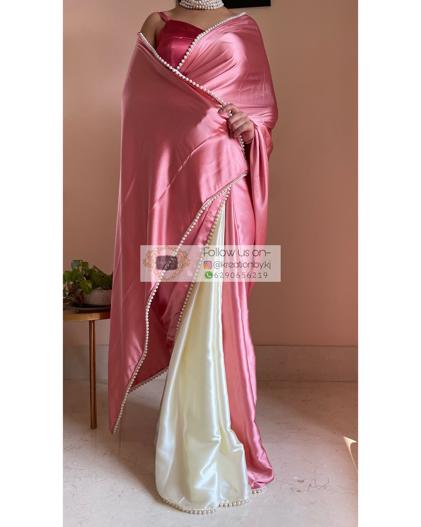 Strawberry Vanilla Two in One Satin Saree - kreationbykj