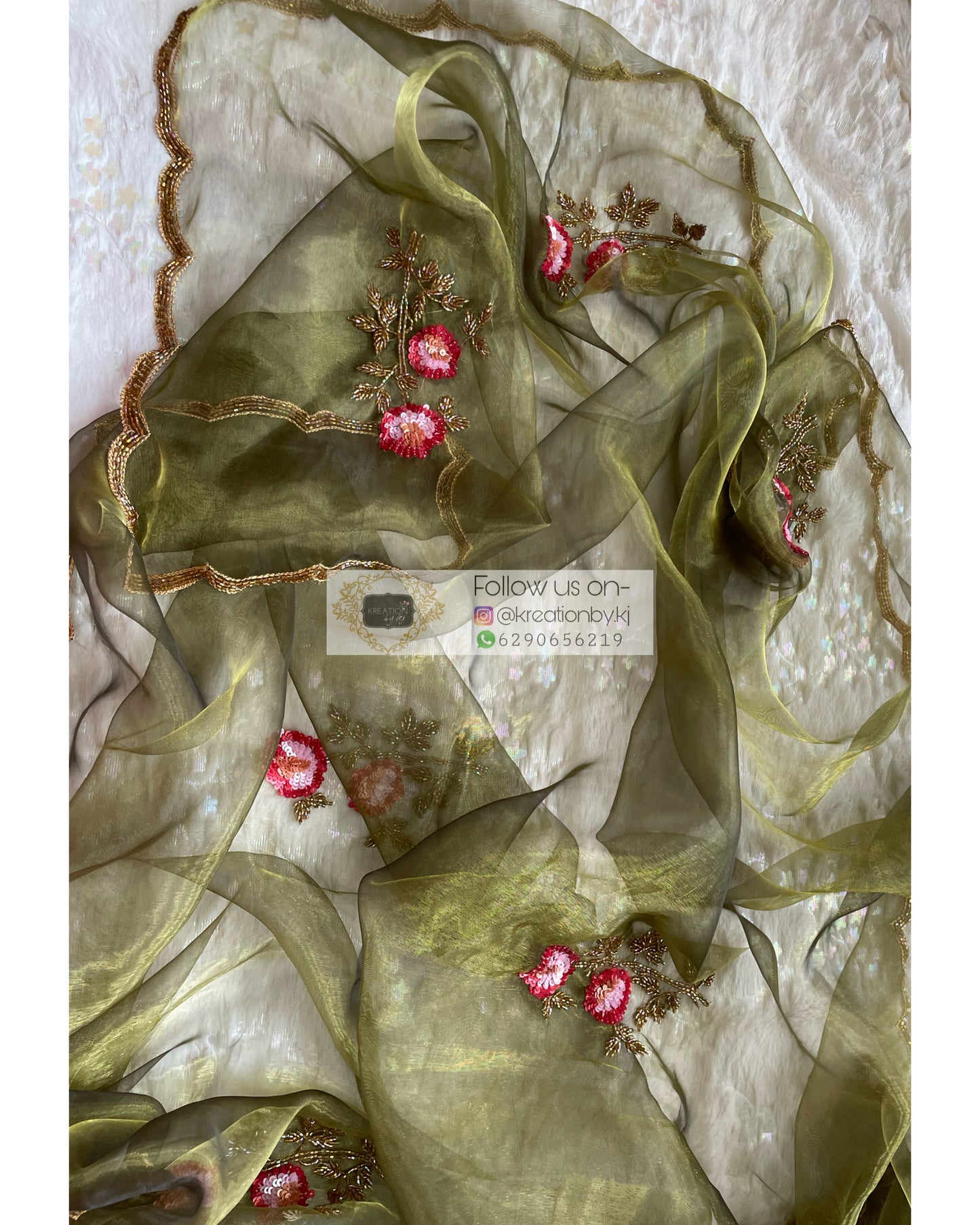 Military Green Rose Dupatta - kreationbykj