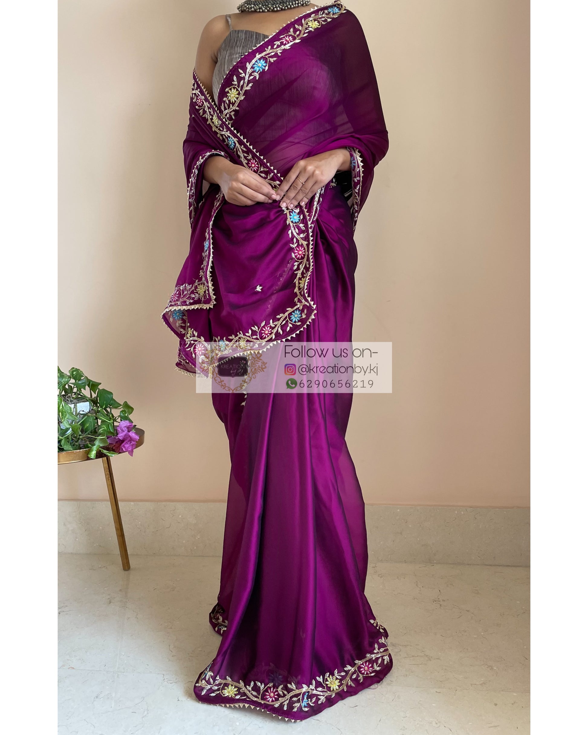 Wine Georgette Zardozi Minakari Saree - kreationbykj