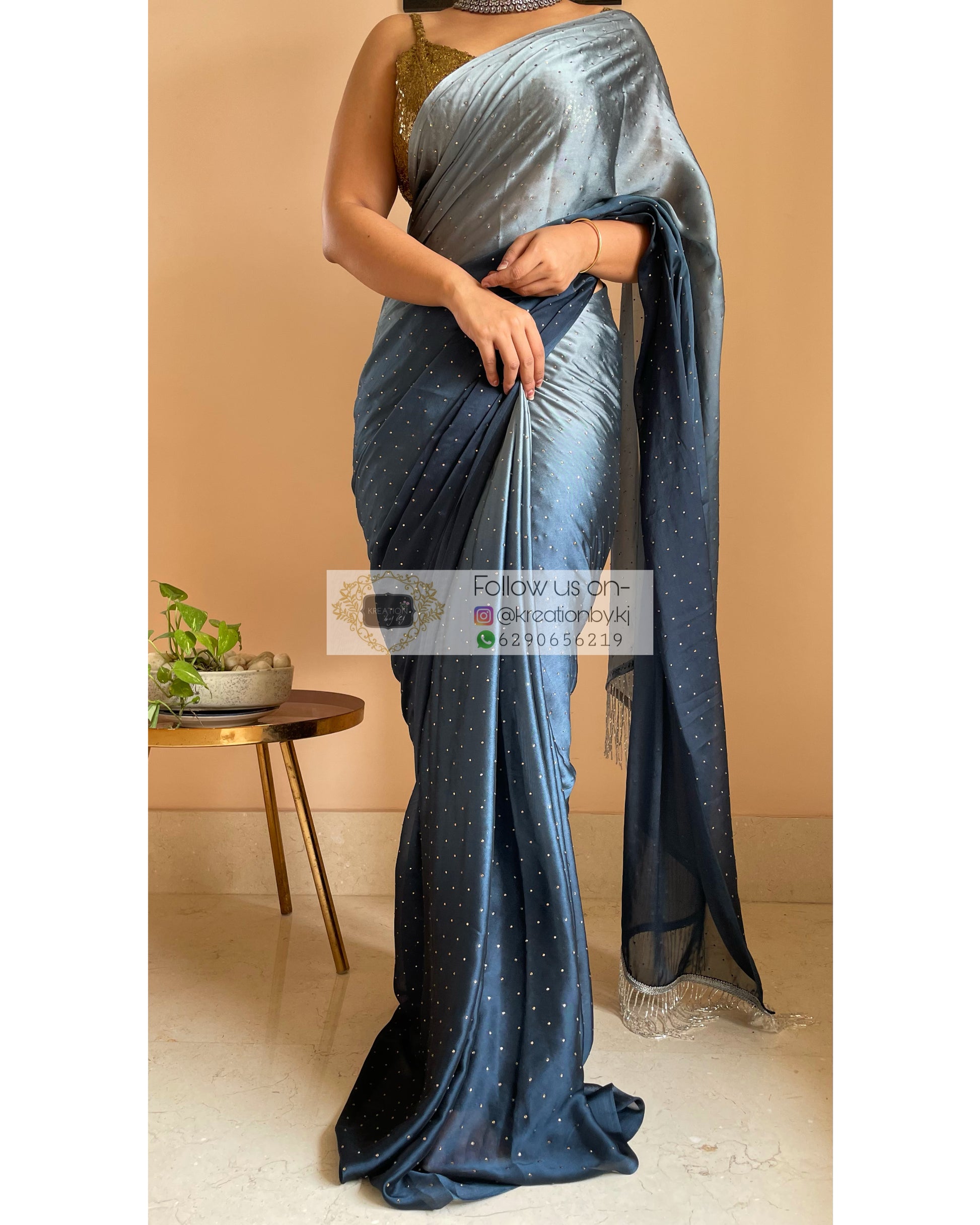 Ombré Midnight Blue Saree with Stone Work - kreationbykj