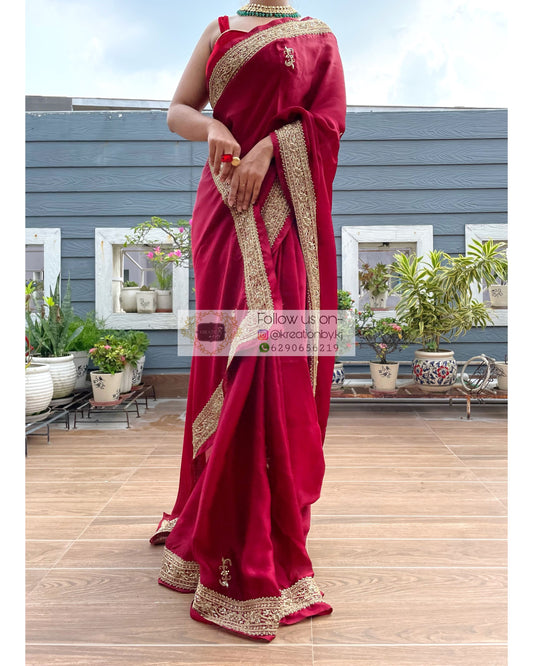 Zarina Maroon Crepe Silk Saree - kreationbykj