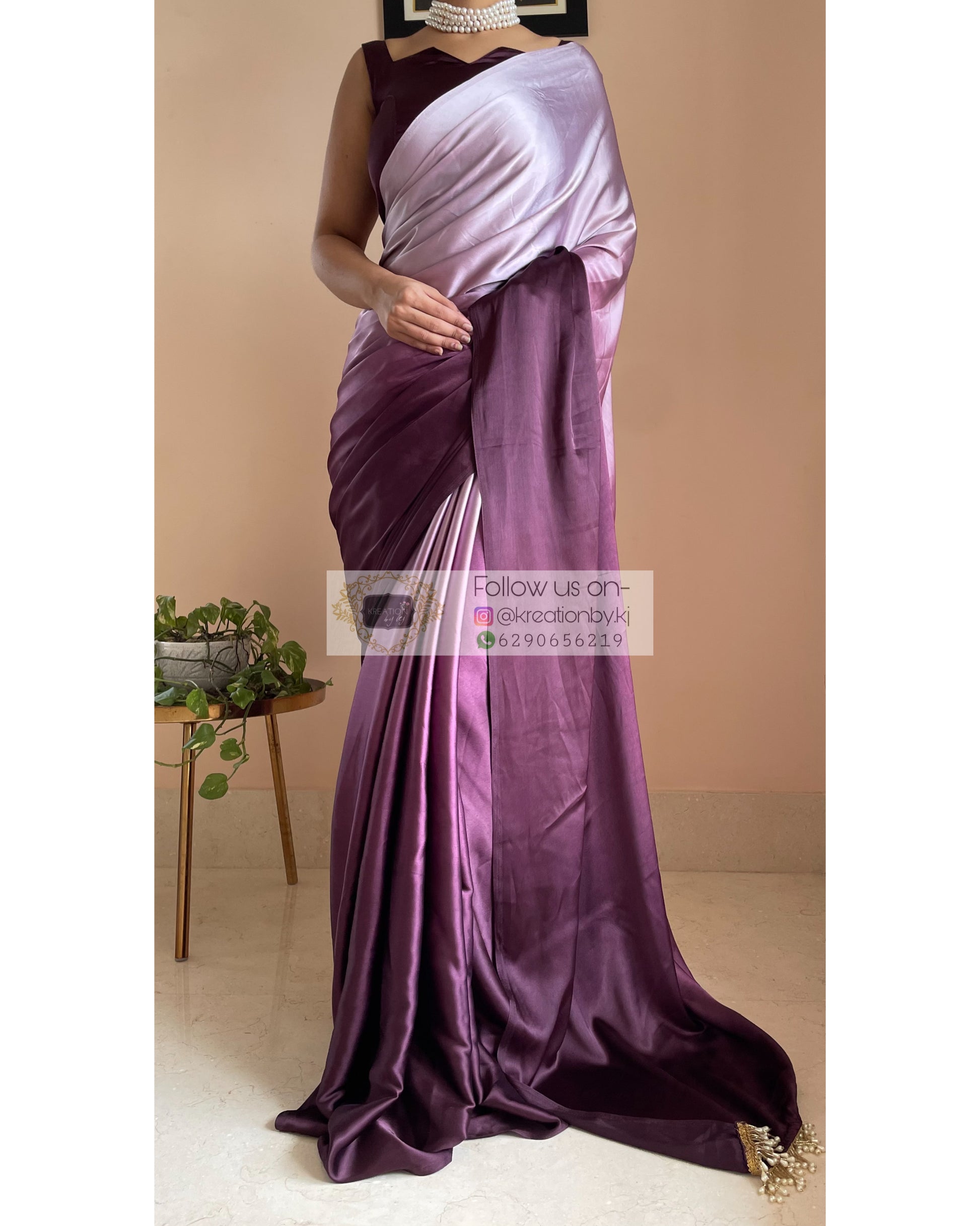 Black Currant Ombré Crepe  Silk Saree with Handmade Tassels on Pallu - kreationbykj