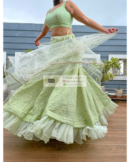 Green Sheesh Mahal Lehenga Set - kreationbykj