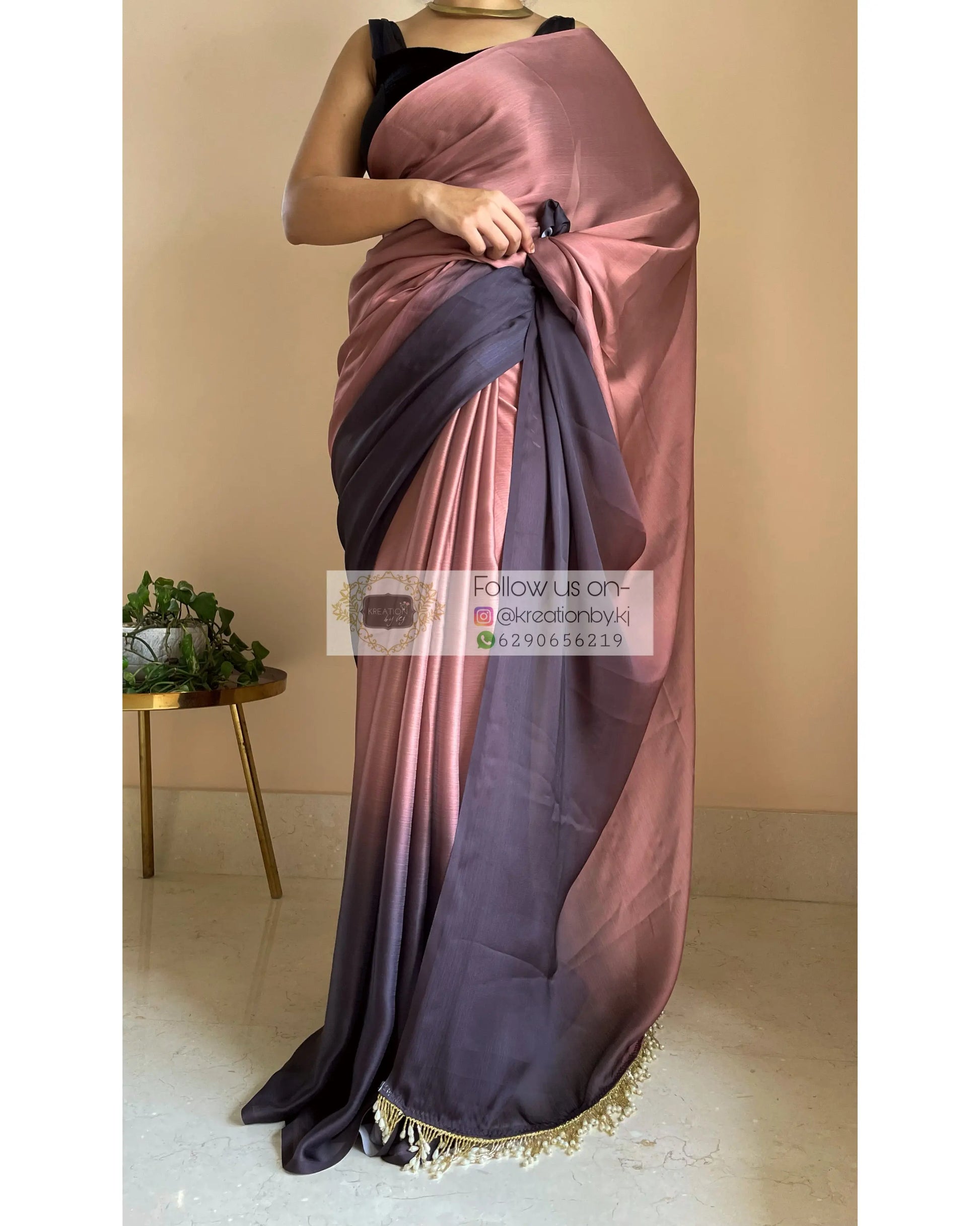 Chai Coffee Ombré Crepe Silk Saree with Handmade Tassels on Pallu - kreationbykj