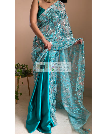 Turquoise Mermaid Sequins Saree - kreationbykj