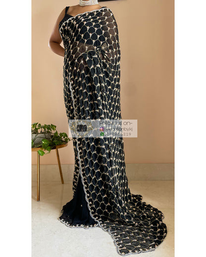 Black Georgette Cutdana Mehraab Jaal Saree - kreationbykj