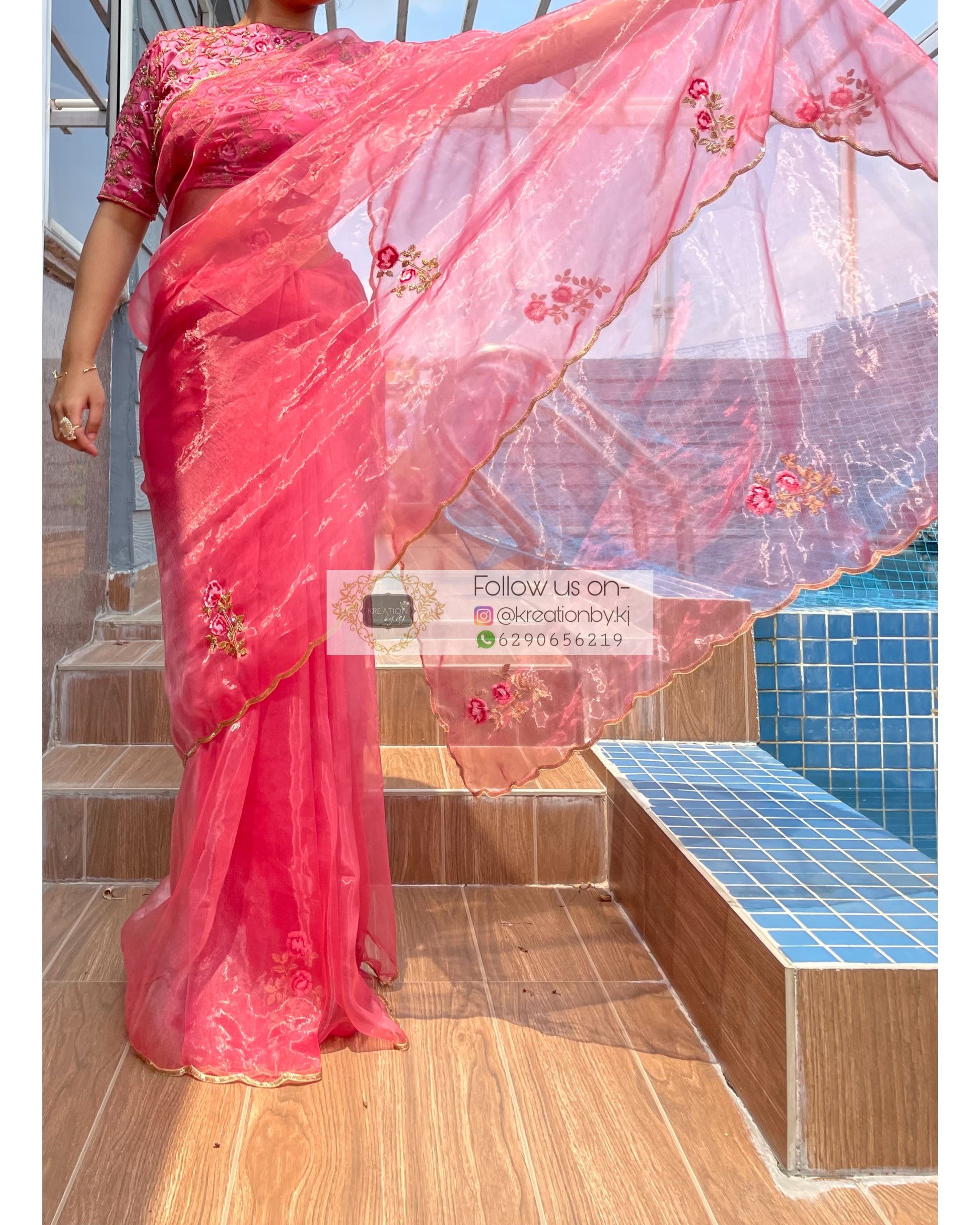 Remember the Roses Pink Glass Tissue Saree - kreationbykj