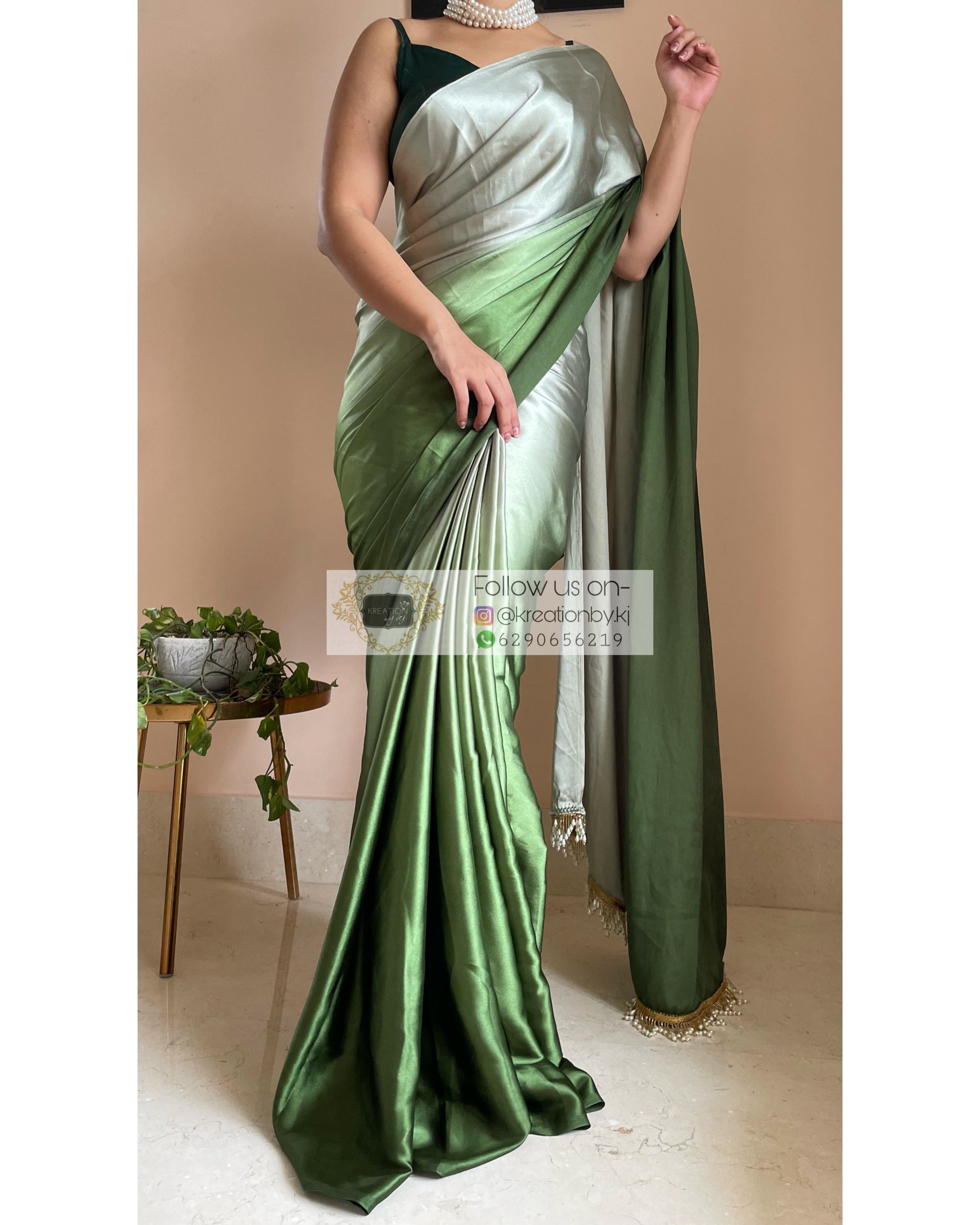 Green Hedge Ombré Satin Silk Saree with Handmade Tassels on Pallu - kreationbykj