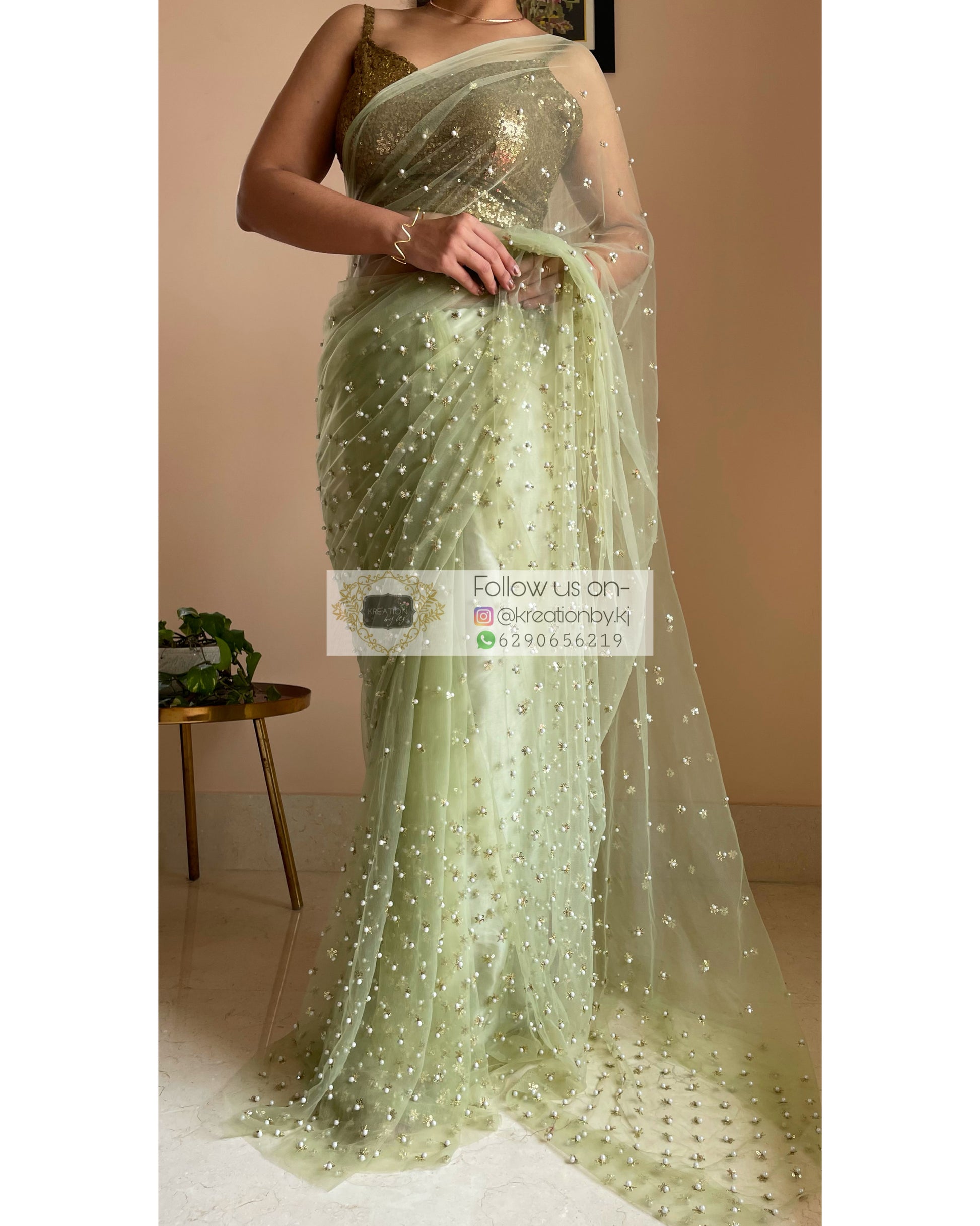 Jugnoo Green Net Saree - kreationbykj