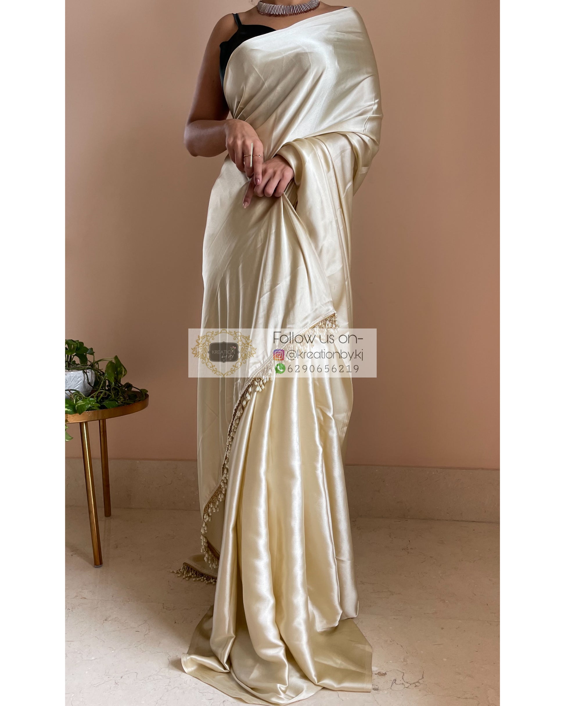 Ivory Satin Silk Saree With Handmade Tassels on Pallu - kreationbykj