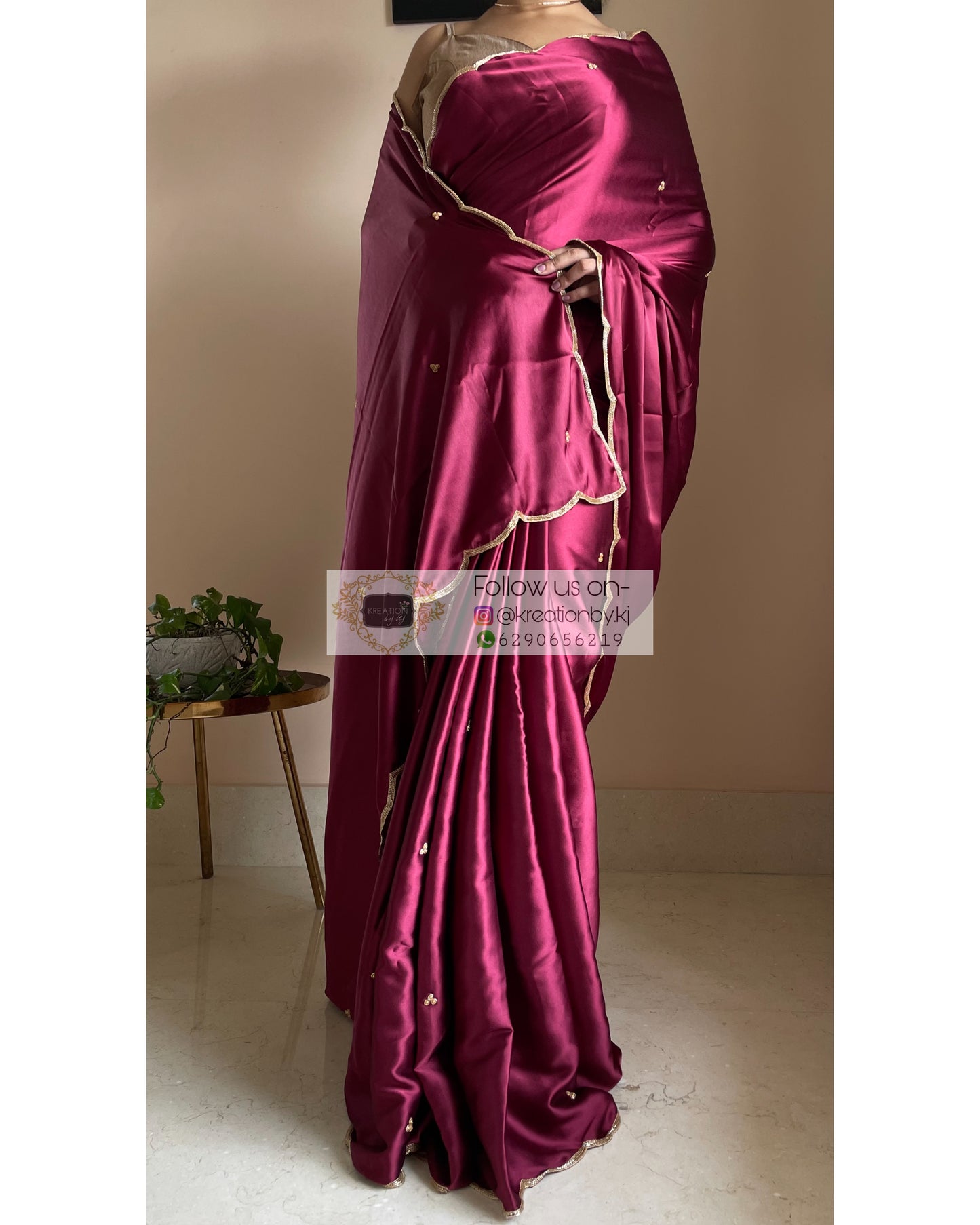 Cherry Wine Satin Silk Saree with Handembroidered Scalloping - kreationbykj