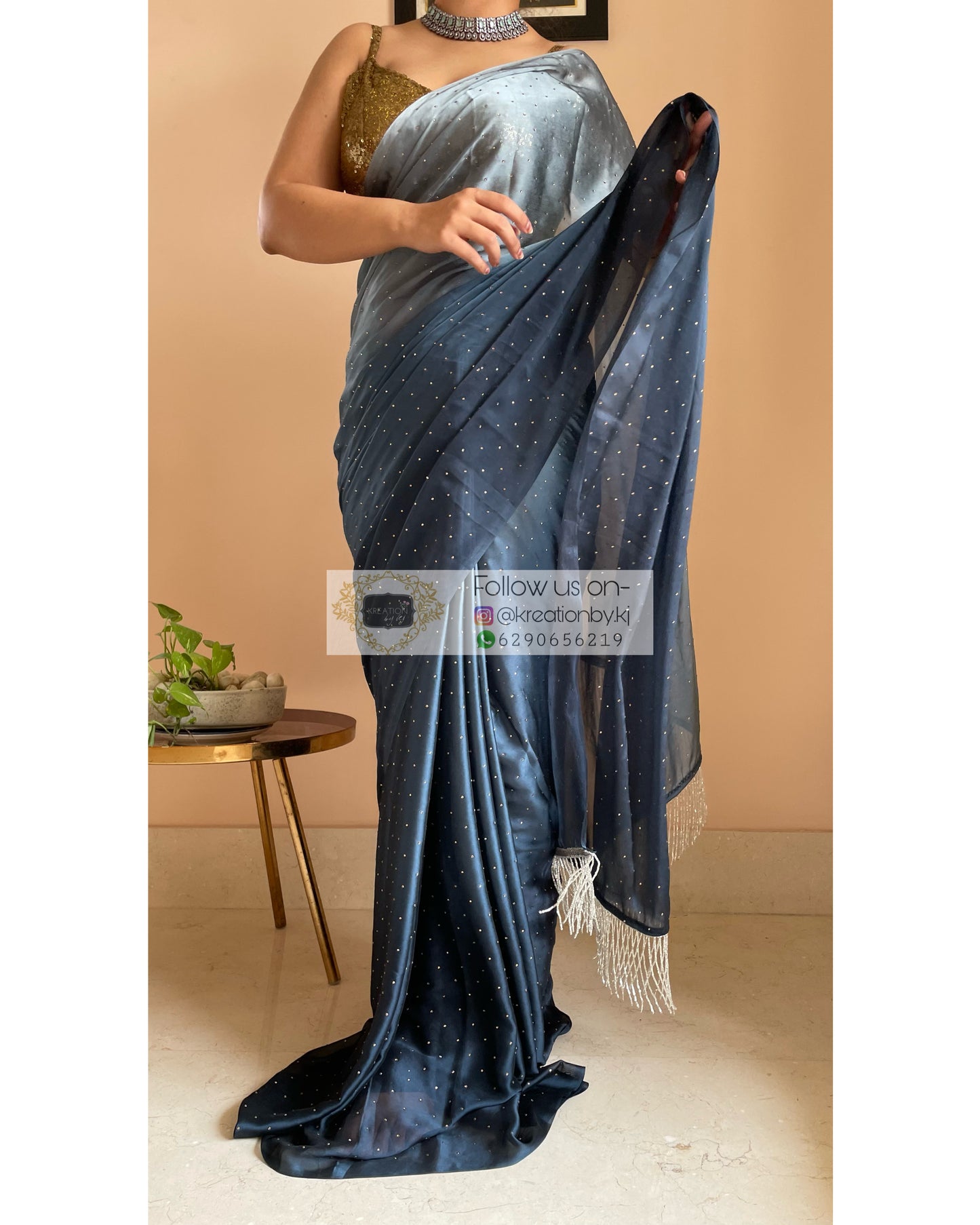 Ombré Midnight Blue Saree with Stone Work - kreationbykj