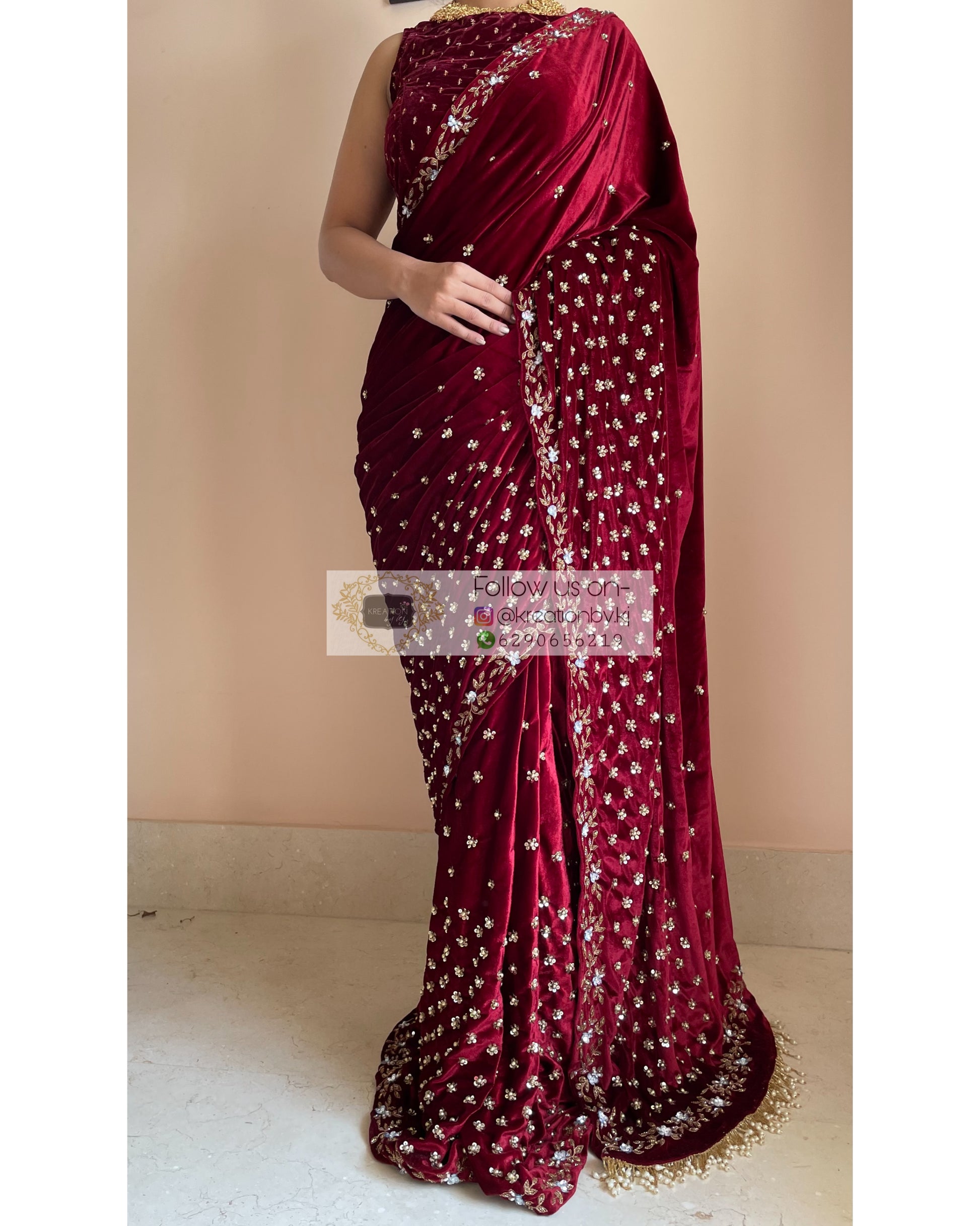 Maroon Velvet Badan pe Sitare Saree - kreationbykj