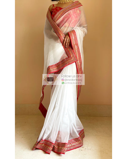 White Organza Saree with Red Border - kreationbykj