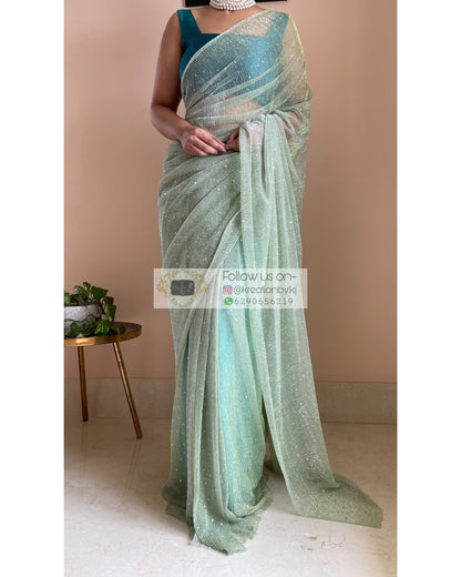 Pastel Green Pleated Shimmer Saree - kreationbykj