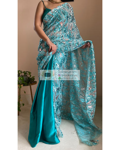 Turquoise Mermaid Sequins Saree - kreationbykj