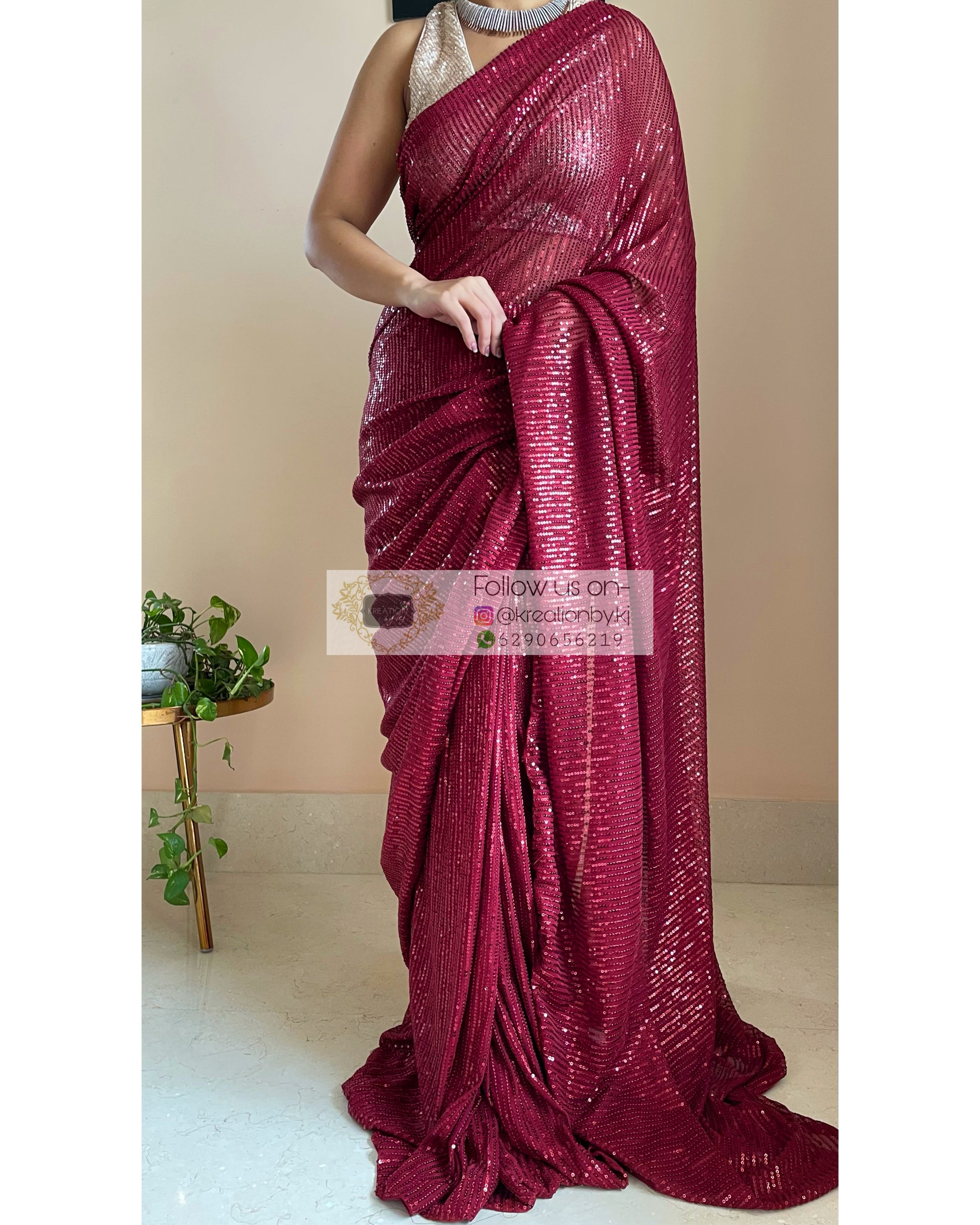 Maroon Sequins Saree - kreationbykj