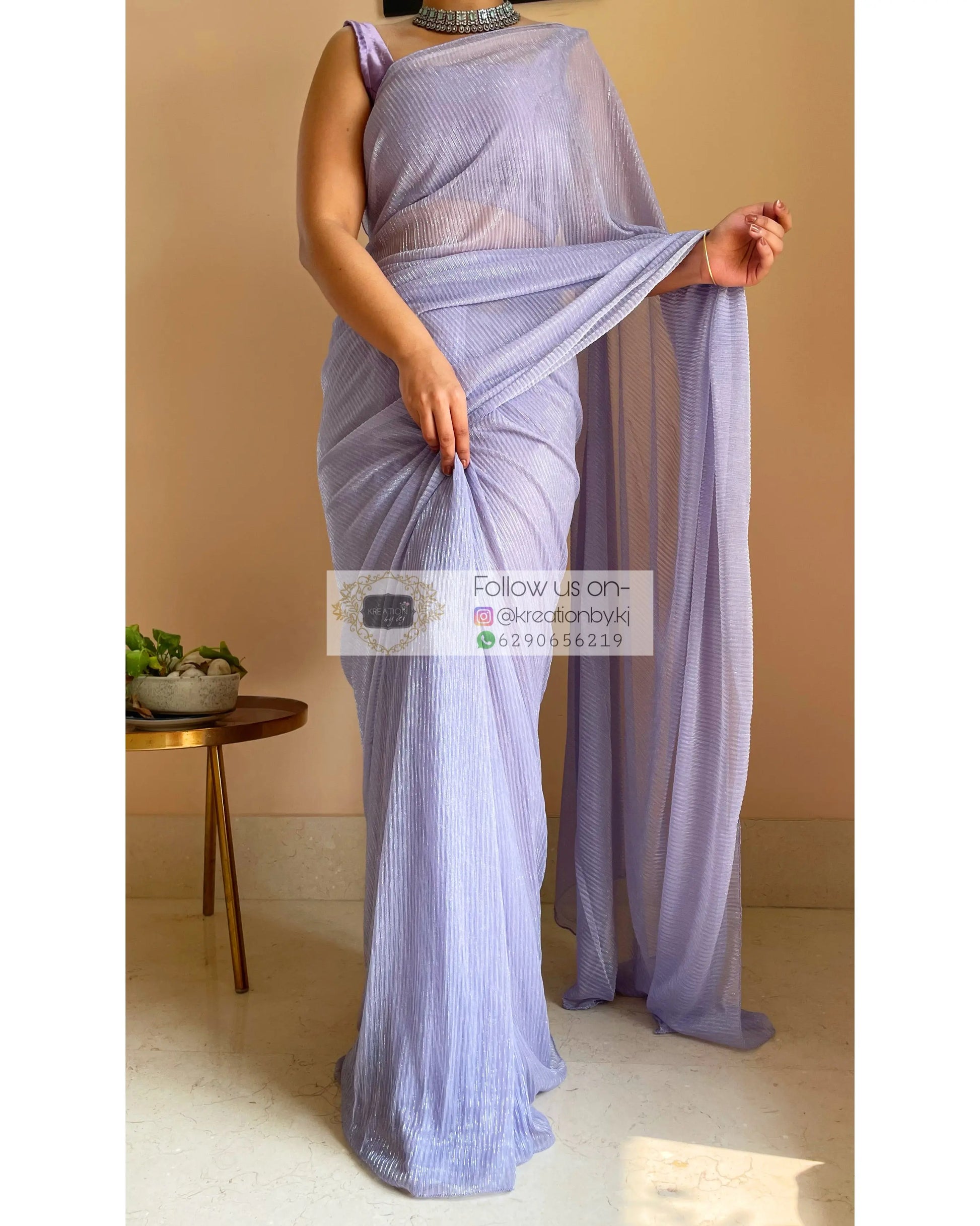 Lavender Pleated Shimmer Net Saree - kreationbykj