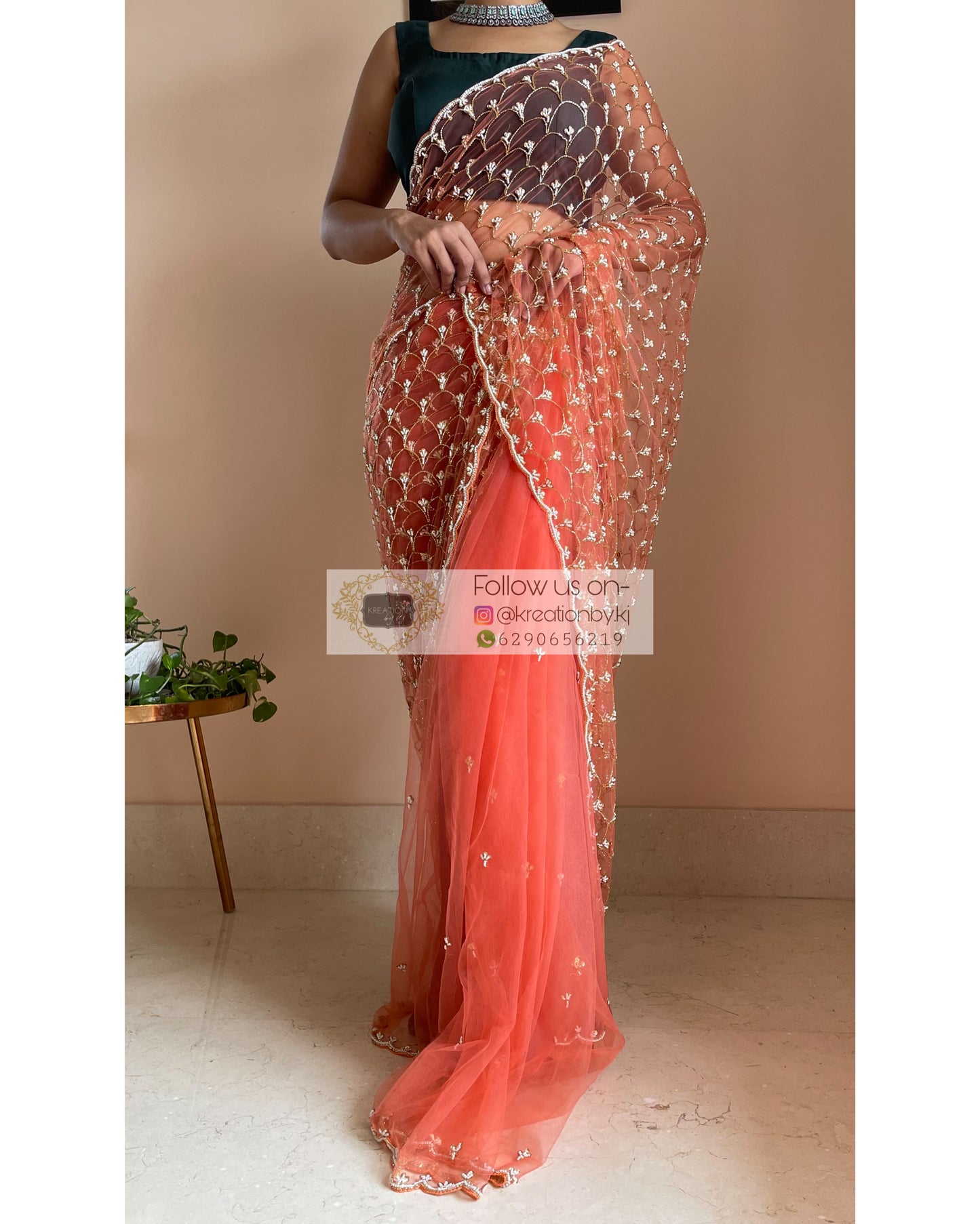 Coral Cutdana Mehraab Jaal Saree - kreationbykj