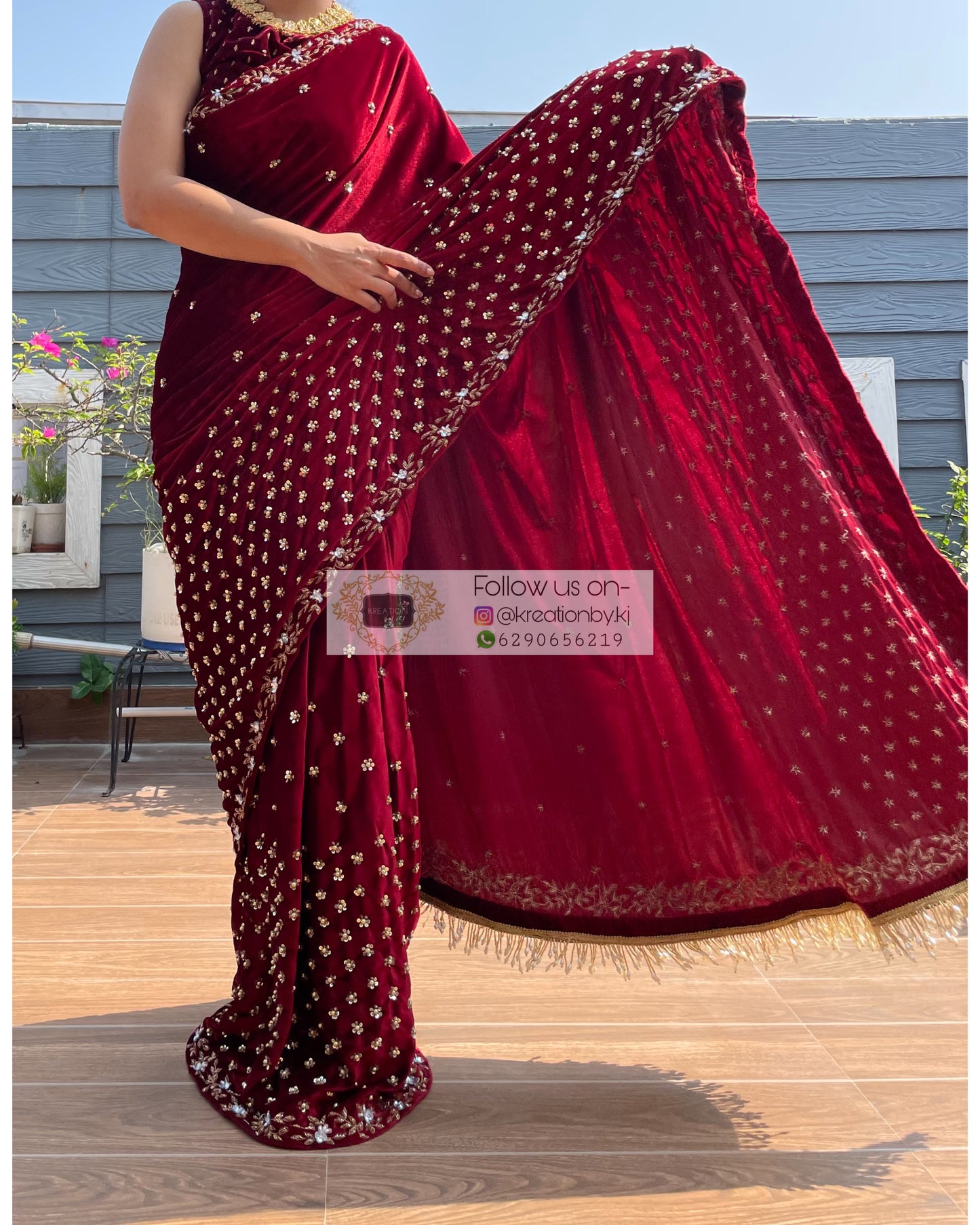 Maroon Velvet Badan pe Sitare Saree - kreationbykj