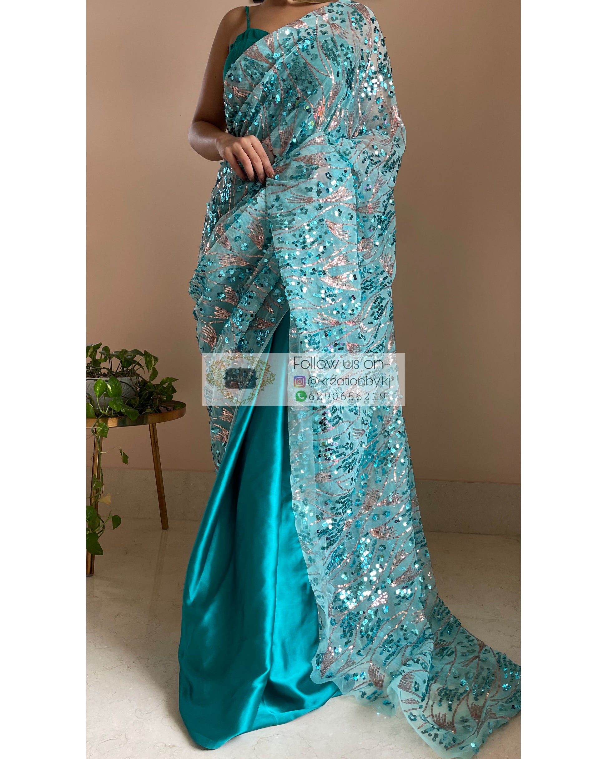 Turquoise Mermaid Sequins Saree - kreationbykj